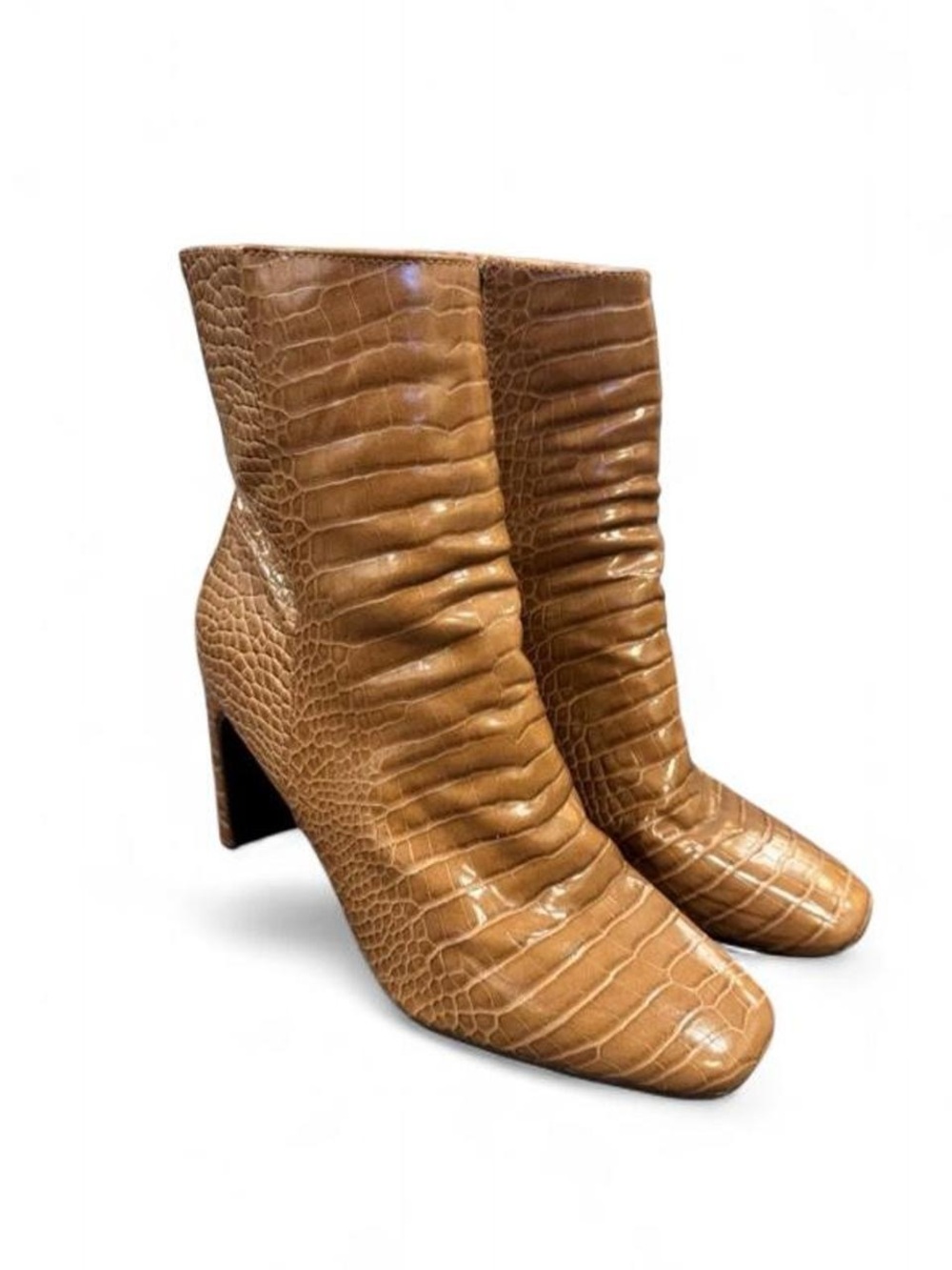 BAMBOO Tan Croc-Embossed Mid Block Heel Ankle Boots